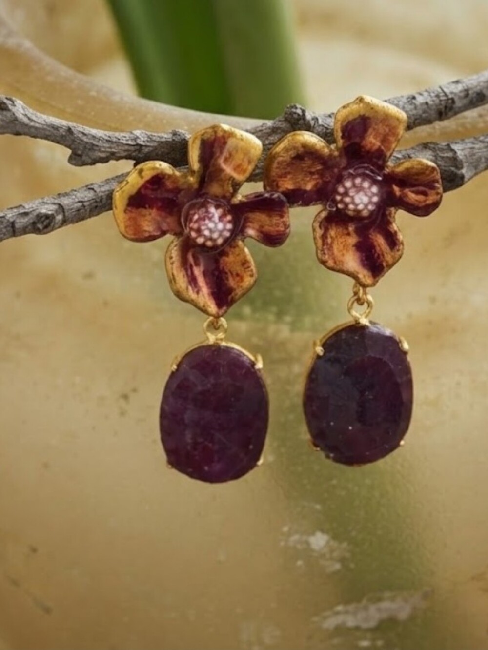 50 Carats Raw Ruby In Handpainted Red Flowers In Chunky Gold Plated Earrings